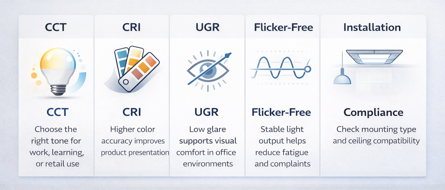 Infographic showing CCT, CRI, UGR, flicker-free performance, installation type, and compliance for LED panel lights 